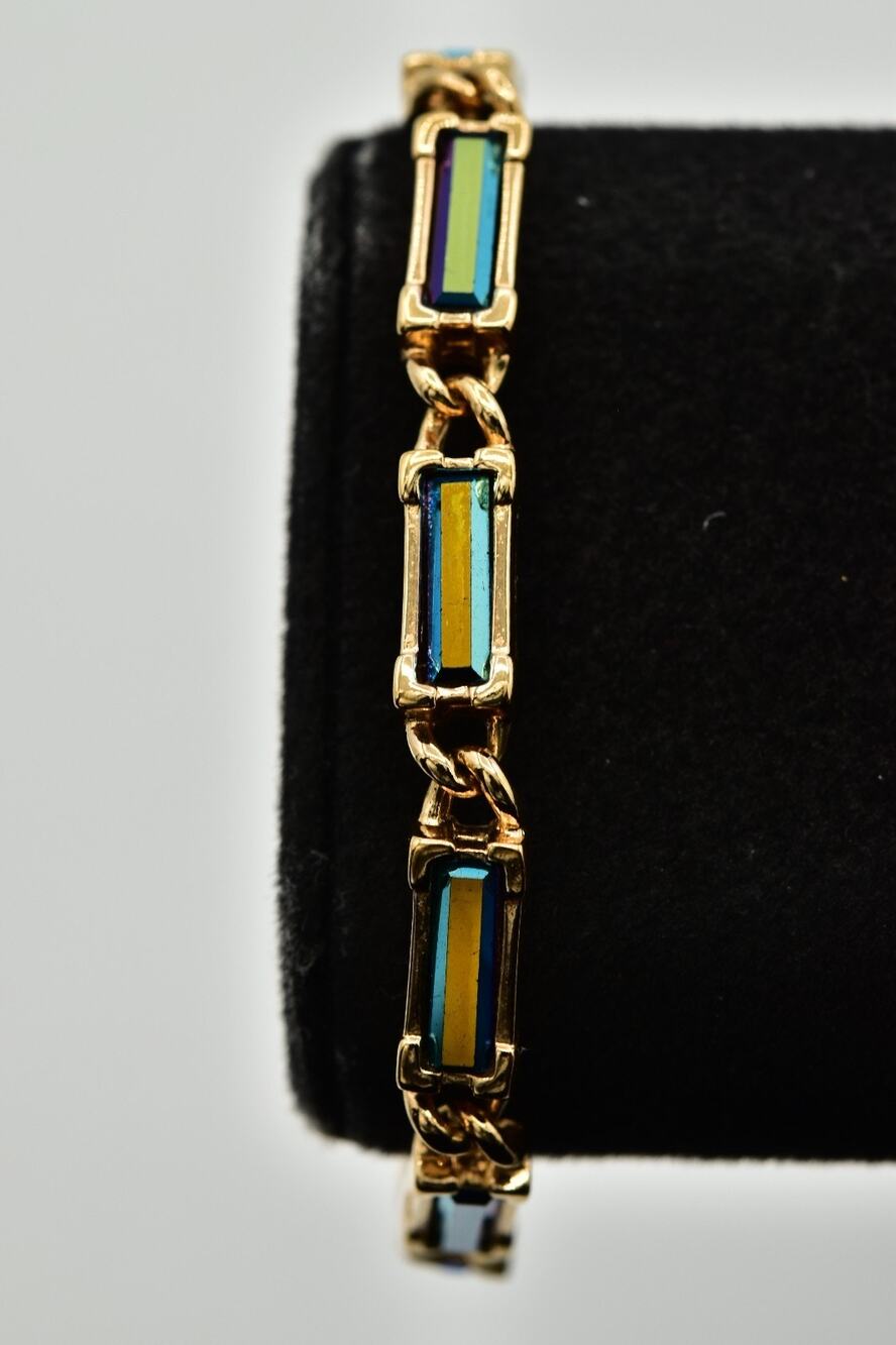 Swarovski Vintage Blue Green Vitrail AB Crystal Gold Bracelet Swan Signed Bin6